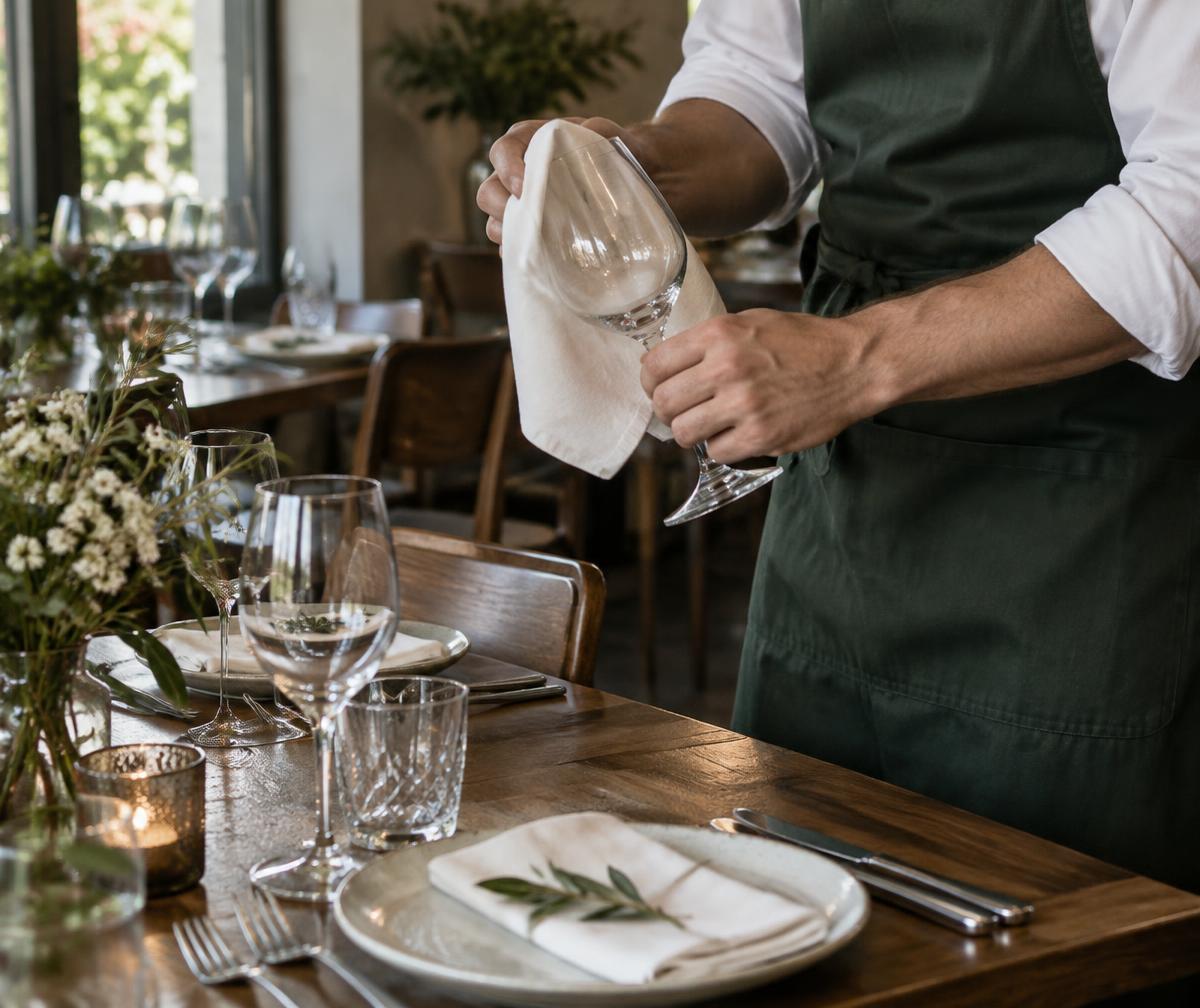 Illustrative close-up of a server carefully polishing a wine glass